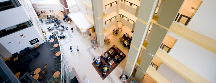 Interior view looking down from upper floor on main hall of ETLC building on University of Alberta campus.