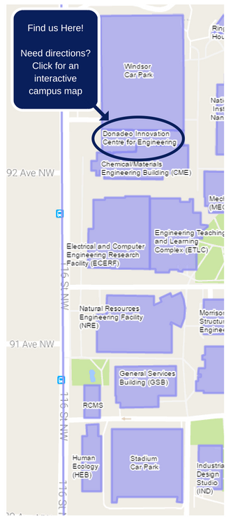 University of Alberta campus map showing location of the Engineering Co-op Office. Click the image to navigate to the University of Alberta interactive map.